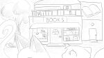 16:9 animal_crossing anthro book bookshelf bookstore dialogue_in_description domestic_cat dragonweirdo duo felid feline felis female fur furniture greyscale hi_res k.k._slider male mammal marshal_(animal_crossing) merchandise monochrome nintendo olivia_(animal_crossing) outside plant plushie rodent sciurid smoke smoking tail tree tree_squirrel widescreen