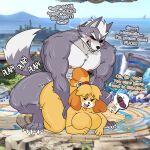 animal_crossing anthro blonde_hair breasts butt canid canine canis domestic_dog duo english_text female grey_body hair hi_res isabelle_(animal_crossing) male mammal muscular muscular_male nintendo penetration sprigatitoartz star_fox super_smash_bros. super_smash_bros._ultimate text white_hair wolf wolf_o&#039;donnell yellow_body