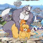  animal_crossing anthro blonde_hair breasts butt canid canine canis domestic_dog duo english_text female grey_body hair hi_res isabelle_(animal_crossing) male mammal muscular muscular_male nintendo penetration sprigatitoartz star_fox super_smash_bros. super_smash_bros._ultimate text white_hair wolf wolf_o&#039;donnell yellow_body 