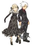  1boy 1girl black_dress black_footwear blair_(soul_eater) blonde_hair cat collared_shirt dress elbow_gloves gloves green_eyes hair_ribbon hat high_heels highres locked_arms maka_albarn necktie no_pupils official_art ohkubo_atsushi red_eyes red_shirt ribbon shirt soul_eater soul_evans striped_suit suit third-party_source twintails white_background white_hair witch_hat 