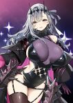  1girl blush breasts brown_thighhighs commentary cowboy_shot gloves goddess_of_victory:_nikke grey_hair hair_ornament highres large_breasts long_hair long_sleeves looking_at_viewer modernia_(nikke) modernia_(second_affection)_(nikke) official_alternate_costume parted_lips purple_background purple_gloves red_eyes single_bare_shoulder sky-freedom smile solo symbol-shaped_pupils thighhighs thighs 