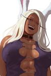  1girl :d abs animal_ears artist_name bare_shoulders black_choker boku_no_hero_academia breasts chain choker collarbone covered_nipples dark-skinned_female dark_skin english_commentary highres large_breasts long_eyelashes long_hair looking_at_viewer mirko open_mouth parted_bangs rabbit_ears rabbit_girl red_eyes shibarinsfw shirt sleeveless sleeveless_shirt smile solo teeth toned_female upper_body white_background white_hair 