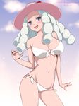  bikini blue_eyes blue_hair blush breasts cleavage front-tie_top happinesscharge_precure! hat hosshiwa large_breasts long_hair looking_at_viewer navel niwatori_kokezou off_shoulder open_mouth pink_hat precure ringlets shiny shiny_skin side-tie_bikini smile solo strap_pull swimsuit white_bikini 