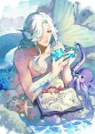  1boy animal bishounen blue_background blue_eyes blue_hair blue_nails blue_scales book crab fingernails fins glass_slipper hair_over_one_eye hands_up head_fins highres himawariyuubin holding holding_shoes long_hair male_focus merman monster_boy octopus on_rock original outdoors parted_lips partially_submerged rock scales sharp_fingernails shoes solo starfish unworn_footwear water 