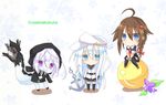  ahoge anchor aqua_eyes bad_id bad_pixiv_id ball braid brown_hair chibi hair_flaps hair_ornament hibiki_(kantai_collection) hood hooded_jacket jacket kantai_collection long_hair looking_at_viewer multiple_girls purple_eyes re-class_battleship remodel_(kantai_collection) scarf school_uniform serafuku shigure_(kantai_collection) short_hair silver_hair single_braid sitting tail twitter_username verniy_(kantai_collection) white_skin yamine_kuro 