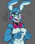 2023 4_fingers animatronic anthro arm_tuft blue_body blue_fur bow_tie breasts buckteeth crossgender curvy_figure english_text eyelashes eyeshadow featureless_breasts female fingers five_nights_at_freddy&#039;s five_nights_at_freddy&#039;s_2 foxydoll604 fur green_eyes grey_background hi_res lagomorph leporid machine makeup mammal multicolored_body rabbit robot scottgames shoulder_tuft simple_background sketch small_waist solo standing teeth text toy_bonnie_(fnaf) tuft two_tone_body