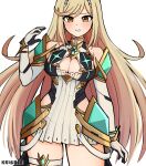  1girl blonde_hair blush breasts cleavage highres krisbee large_breasts long_hair looking_at_viewer mythra_(xenoblade) thick_thighs thighs xenoblade_chronicles_(series) xenoblade_chronicles_2 