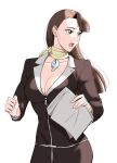  1girl :o absurdres ace_attorney black_jacket breasts brown_eyes brown_hair cleavage commentary_request earrings highres holding holding_paper jacket jewelry long_hair long_sleeves looking_at_another magatama magatama_necklace mia_fey necklace open_mouth paper papers red00555 scarf solo sweatdrop white_background yellow_scarf zipper_pull_tab 