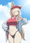  1girl alternate_costume animal_ear_fluff animal_ears baseball_cap bikini black_bikini_bottom blonde_hair blue_archive blue_eyes blue_halo blue_sky breasts cloud cloudy_sky cowboy_shot day dog_ears hair_over_one_eye halo hat highleg highleg_bikini highres holding holding_whistle kanna_(blue_archive) large_breasts lifeguard long_hair looking_at_viewer navel notched_ear open_mouth outdoors projectorzero red_sports_bra sharp_teeth sidelocks sky solo sports_bra standing stomach swimsuit teeth whistle 
