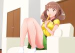  1girl absurdres armchair brown_eyes brown_hair casual chair commentary food food_in_mouth green_skirt healin&#039;_good_precure highres hiramitsu_hinata holding holding_food holding_popsicle indoors legs_up looking_at_viewer medium_hair miniskirt on_chair on_kazu panties pantyshot popsicle popsicle_in_mouth precure short_sleeves sitting skirt socks solo sweat twintails underwear white_panties white_socks 
