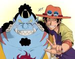  +++ 2boys ^_^ black_hair blue_skin blush bracelet chest_tattoo closed_eyes colored_skin commentary_request elbow_pads facial_hair fish_boy goatee hat highres japanese_clothes jewelry jinbe_(one_piece) kimono male_focus multiple_boys necklace one_piece orange_hat pearl_necklace ponytail portgas_d._ace sharp_teeth shirt simple_background single_elbow_pad smile tattoo teeth thick_eyebrows tusks upper_body usarinko v white_background 