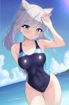  absurdres alternate_hairstyle animal_ear_fluff animal_ears beach black_one-piece_swimsuit blue_archive blue_eyes blue_sky breasts cloud competition_swimsuit covered_navel cross_hair_ornament daf_(daf_4) day extra_ears grey_hair hair_ornament halo highres horizon low_twintails medium_breasts medium_hair mismatched_pupils multicolored_clothes multicolored_swimsuit ocean official_alternate_costume one-piece_swimsuit outdoors shiroko_(blue_archive) shiroko_(swimsuit)_(blue_archive) sky swimsuit twintails wolf_ears 