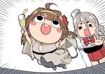  2girls =_= ahoge blush_stickers bottle bow bowtie buck_teeth chibi crying cup dress drinking_glass flower hair_flower hair_ornament hairband hat headgear ishii_hisao kantai_collection kongou_(kancolle) long_hair multiple_girls open_mouth pantyhose pola_(kancolle) prostration red_bow red_bowtie red_skirt skirt teeth white_background white_footwear wine_bottle wine_glass 