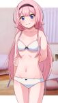  1girl arm_behind_back bedroom blurry blurry_background bow bow_bra bra breasts closed_mouth commentary cowboy_shot depth_of_field frown hand_on_own_arm highres indoors lakuha_(dwtk2424) long_hair looking_at_viewer navel nijisanji outside_border panties pink_hair purple_eyes small_breasts solo standing suo_sango underwear underwear_only very_long_hair virtual_youtuber white_bra white_panties 