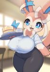 2023 3_fingers anthro big_breasts black_bottomwear black_clothing black_nose black_pants blue_body blue_eyes blurred_background blush bottomwear bow_tie breasts canid chair clothed clothing container cup curvy_figure detailed_background digital_media_(artwork) dress_shirt eeveelution eyelashes female fingers fully_clothed furniture generation_6_pokemon happy hi_res holding_plate hourglass_figure huge_breasts inside looking_at_viewer mammal nintendo nipple_outline open_:3 open_mouth open_smile pants pink_body pink_tongue pockets pokemon pokemon_(species) pokemorph portrait shirt short_stack smile snaggle_tooth snout solo standing sylveon thick_thighs three-quarter_portrait three-quarter_view tongue topwear waiter waitress_uniform white_body white_clothing white_dress_shirt white_shirt white_topwear wide_hips window xmu