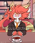  5_fingers anthro beverage clothing coffee date_pov english_text fingers generation_5_pokemon hair hi_res lewdchuu_(artist) male necktie nintendo pink_eyes pokemon pokemon_(species) red_body red_hair serperior sitting smile solo suit tail text 