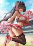  bandaid bandaid_on_shoulder bare_shoulders bay_(nikke) black_eyes black_hair black_thighhighs blurry blurry_background blush breasts cheerleader confetti day from_side goddess_of_victory:_nikke hair_intakes hairband highres holding holding_pom_poms large_breasts long_hair miniskirt mole multicolored_hair open_mouth outdoors panties pleated_skirt pom_pom_(cheerleading) ponytail red_hair red_skirt shoes single_thighhigh skirt smile streaked_hair sweat thigh_strap thighhighs thighs underwear wei_xiao white_panties 