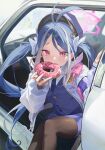  1girl antenna_hair armband blue_archive blue_armband blue_hair blue_hat blue_necktie blue_skirt car car_interior commentary_request doughnut eating feet_out_of_frame food fubuki_(blue_archive) halo hat highres holding_doughnut long_hair long_sleeves looking_at_viewer m.q_(mqkyrie) motor_vehicle multicolored_hair necktie parted_bangs pink_eyes pink_halo police police_badge police_hat police_uniform policewoman sitting skirt solo streaked_hair twintails uniform very_long_hair walkie-talkie white_hair 
