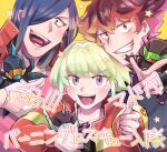  3boys bags_under_eyes blush doll firefighter_jacket green_hair grin gueira hair_over_one_eye holding holding_doll index_finger_raised jacket lio_fotia male_focus meis_(promare) multiple_boys open_mouth promare purple_eyes short_hair smile star_(symbol) sumi_wo_hakuneko teeth translation_request yellow_background 