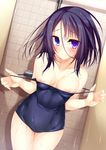  3: black_hair blue_eyes blush breasts heterochromia looking_at_viewer nipples nishi_minami one-piece_swimsuit original purple_eyes school_swimsuit short_hair showering small_breasts solo suterii swimsuit thigh_gap tile_wall tiles undressing 