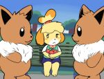 2024 3_fingers 3_toes :3 ambiguous_gender animal_crossing anthro apple bench black_inner_ear blonde_hair blue_body blue_skin bottomwear brown_hair canid canine canis cheek_spots clothing countershade_snout countershading detailed_background domestic_dog eevee eyelashes featureless_hands feet female fingers floppy_ears food frown fruit fur generation_1_pokemon green_clothing green_shirt green_topwear group hair head_tuft highlights_(coloring) isabelle_(animal_crossing) mammal mane nintendo oofmasterxd orange_body orange_fur orange_highlights outside plant pokemon pokemon_(species) ponytail shih_tzu shirt sitting skirt snout standing toes topwear toy_dog tree trio tuft undershirt white_body white_fur yellow_body yellow_fur