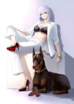  azur_lane bangle black_bra black_footwear blue_eyes bra bracelet breasts chain chain_leash cleavage crossed_legs dog double-parted_bangs earrings high_heels highres holding holding_leash jewelry leash looking_at_viewer midriff navel necomilk open_clothes pants red_lips short_hair simple_background sitting suit tirpitz_(azur_lane) underwear white_background white_hair white_pants white_suit 