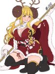  1girl anila_(granblue_fantasy) antlers bell blonde_hair blush breasts christmas_clothes cleavage draph granblue_fantasy highres horns large_breasts long_hair looking_at_viewer mefomefo navel nose numbered open_mouth reindeer_antlers sheep_horns short_eyebrows smile solo swimsuit thick_eyebrows thighhighs thighs very_long_hair yellow_eyes 