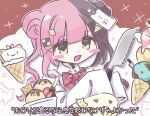  1girl amagumo_ame animal-themed_food black_hair blush_stickers bow bowtie collared_shirt commentary_request double_bun fang food-themed_hair_ornament hair_bun hair_ornament hands_up hayari_no_ice_(vocaloid) highres holding holding_knife ice_cream_cone ice_cream_cup kitchen_knife knife long_hair looking_at_viewer multicolored_hair open_mouth outline paper_on_head pink_hair red_bow red_bowtie shirt simple_background skin_fang sleeves_past_fingers sleeves_past_wrists smile solo striped_bow striped_bowtie striped_clothes subtitled translation_request twintails two-tone_hair upper_body vocaloid white_background white_outline white_shirt x_hair_ornament yellow_eyes 