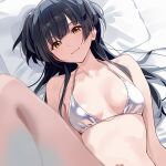  1girl bikini black_hair blurry breasts closed_mouth commentary depth_of_field halterneck highres idolmaster idolmaster_shiny_colors kinjin long_hair looking_at_viewer lying mayuzumi_fuyuko medium_breasts navel on_bed solo stomach swimsuit two_side_up upper_body white_bikini yellow_eyes 
