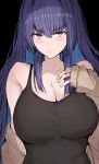  1girl alternate_costume black_background black_shirt blue_eyes blue_hair blush breasts cardigan cleavage colored_inner_hair commentary grey_cardigan hand_on_own_chest highres hololive hololive_english large_breasts long_hair multicolored_hair ouro_kronii sak1_01 shirt sidelocks solo symbol-only_commentary virtual_youtuber 
