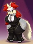  age_difference big_breasts black_clothing black_dress breasts clothed clothing delphox dress female footwear fur generation_6_pokemon gold_(metal) gold_jewelry hi_res high_heels jewelry meme meme_clothing nintendo noryega older_female pokemon pokemon_(species) red_body red_fur solo wide_hips 