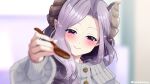 1girl blurry blurry_background blush brown_horns demon_girl demon_horns feeding half-closed_eyes holding holding_spoon horns incoming_food long_hair long_sleeves looking_at_viewer mocosuka mole mole_under_mouth nanashi_inc. pointy_ears pov purple_eyes purple_hair saionji_mary smile solo spoon twitter_username upper_body 