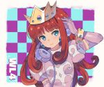  1girl blue_eyes bracelet checkered_background crown dress earrings elbow_gloves fq75017 gloves gold_bracelet headphones highres jewelry long_hair looking_at_viewer pink_dress pink_gloves princess_shokora puffy_short_sleeves puffy_sleeves red_hair short_sleeves smile wario_land wario_land_4 