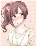  1girl asymmetrical_sidelocks baran._(ba_ra_ran) bead_necklace beads blush bow breasts brown_hair brown_shirt closed_mouth collarbone ear_blush hair_bow hand_up highres idolmaster idolmaster_cinderella_girls igarashi_kyoko jewelry long_hair looking_at_viewer medium_breasts multiple_necklaces necklace nose_blush orange_background pink_bow pout puff_of_air shirt side_ponytail sidelocks solo striped_background striped_clothes striped_shirt swept_bangs underbust upper_body v-shaped_eyebrows white_shirt yellow_eyes 