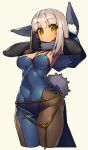  1girl animal_ear_fluff animal_ears armpits black_gloves black_pantyhose blue_dress blue_hood blunt_bangs blush breasts cleavage closed_mouth commentary_request covered_navel cowboy_shot dress elbow_gloves expressionless fake_animal_ears fake_tail gloves grey_hair hands_in_own_hair highres hood hood_down itsumo_nokoru jewelry kaavi large_breasts looking_at_viewer mahjong_soul medium_bangs medium_hair necklace pantyhose pelvic_curtain rabbit_ears rabbit_tail sleeveless sleeveless_dress solo tail wide_hips yellow_eyes 