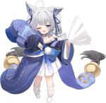  1girl aged_down ahoge animal_ear_fluff animal_ears artist_request azur_lane bare_shoulders blue_ribbon blush collarbone fox_ears full_body grey_hair hair_ribbon highres holding japanese_clothes kimono long_sleeves looking_at_viewer loose_socks non-web_source off_shoulder official_art one_eye_closed open_mouth oversized_clothes pleated_skirt pom_pom_(clothes) purple_eyes ribbon shinano-chan_(azur_lane) skirt sleeves_past_fingers sleeves_past_wrists socks solo standing twintails white_skirt white_socks wide_sleeves 