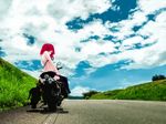  akino_sora bikini boots cloud day from_ground ground_vehicle looking_at_viewer looking_back love_live! love_live!_school_idol_project motor_vehicle motorcycle nishikino_maki purple_eyes red_hair road short_hair sky solo swimsuit thighhighs 