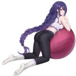  1girl ass ball bare_arms bare_shoulders black_pants breasts commentary crop_top feet genshin_impact ghhoward highres kneeling large_breasts leggings legs long_braid long_hair looking_at_viewer midriff no_shoes pants parted_lips purple_eyes purple_hair raiden_shogun revision ribbed_socks shirt simple_background sleeveless sleeveless_shirt socks soles solo thighs toes twitter_username very_long_hair white_background white_shirt white_socks 
