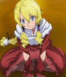  blonde_hair blue_eyes dress haruyama_kazunori isekai_no_seikishi_monogatari lashara_earth_xxviii long_hair looking_at_viewer panties red_dress smile solo squatting underwear white_panties 