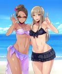  bad_id bad_pixiv_id beach bikini blue_eyes brown_eyes brown_hair bulge cloud crossdressing dark_skin dark_skinned_male day earrings hair_bun jewelry mogiki_hayami multiple_boys navel navel_piercing ocean one_eye_closed original otoko_no_ko outdoors piercing sand sky smile sunglasses swimsuit v water 