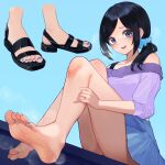  1girl bare_legs barefoot black_footwear black_hair blue_background blue_nails blue_skirt blush eyelashes feet foot_focus grey_eyes hair_ornament hair_scrunchie healin&#039;_good_precure highres knees_up long_hair long_sleeves looking_at_viewer lumina414 miniskirt nail_polish open_mouth pleated_skirt ponytail precure purple_shirt sandals sawaizumi_chiyu scrunchie shirt sidelocks simple_background single_bare_shoulder sitting skirt smell soles solo steaming_body thighs toenail_polish toenails toes 