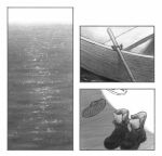  6aenol boat boots greyscale highres monochrome no_humans ocean one_piece outdoors sandals scenery watercraft 