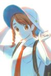  1girl absurdres backpack bag braid brown_eyes brown_hair closed_mouth collared_shirt hand_on_headwear hat highres juliana_(pokemon) looking_at_viewer naranja_academy_school_uniform necktie pokemon pokemon_sv red_necktie school_uniform shirt short_sleeves simple_background solo tut_nin upper_body white_background white_hat white_shirt 