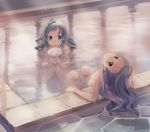  &gt;:) ahoge aqua_hair bath bathing blue_eyes blue_hair green_eyes hair_down kantai_collection long_hair looking_at_viewer multiple_girls naruse_chisato partially_submerged samidare_(kantai_collection) smile suzukaze_(kantai_collection) towel_bubble v-shaped_eyebrows 