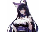  1girl animal_ears azur_lane bare_shoulders black_hair blush breasts cleavage commentary_request fox_ears fox_girl from_below hair_between_eyes hand_on_own_chest hand_on_own_hip hand_up highres japanese_clothes kimono large_breasts long_hair looking_at_viewer looking_down musashi_(azur_lane) off_shoulder orange_eyes phoenix_(lanzilong646) purple_hair slit_pupils solo upper_body very_long_hair wide_sleeves 