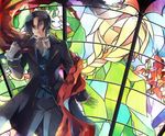  blonde_hair bow braid brown_hair cape coat earrings flower formal frills gloves jack_vessalius jewelry male_focus oswald_baskerville pandora_hearts purple_eyes solo stained_glass vest weiv window 