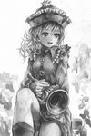 :d bad_id bad_pixiv_id boots dress feet_out_of_frame frilled_dress frills greyscale hat hat_ornament holding instrument knee_up leg_up long_sleeves looking_away merlin_prismriver monochrome nagayo open_mouth pose sitting smile solo touhou trumpet vest wavy_hair 
