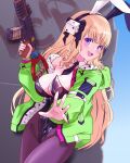  aki_rosenthal animal_ears ar-khey bare_shoulders blush breasts green_jacket gun highres holding holding_gun holding_weapon hololive jacket looking_at_viewer official_alternate_hairstyle playboy_bunny purple_eyes rabbit_ears rifle smile virtual_youtuber weapon 