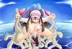  1girl bestiality bikini breasts brown_eyes brown_hair haryu_moe hat lactation large_breasts mei_(pokemon) monster nipples ocean partially_submerged pokemon pokemon_(game) pokemon_bw2 rape restrained sea sex swimsuit tentacle tentacruel tongue tongue_out torn_clothes twintails visor_cap water 