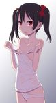  bare_shoulders black_hair bow bow_panties camisole cowboy_shot flat_chest gochou_(atemonai_heya) gradient gradient_background looking_at_viewer love_live! love_live!_school_idol_project open_mouth panties panty_pull red_eyes see-through simple_background solo strap_slip sweat twintails underwear underwear_only white_panties yazawa_nico 